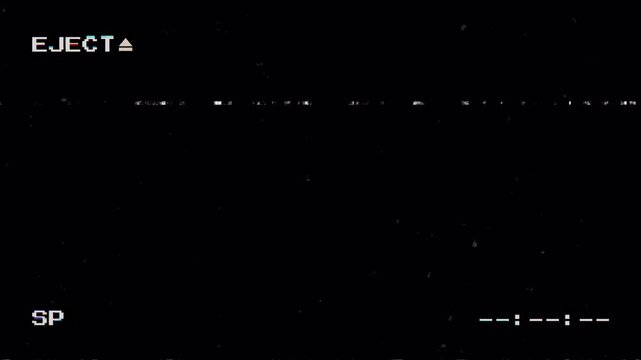 Retro VHS eject screen with glitchy EJECT icon, SP label, static lines, and analog distortion effects on transparent background. 4K video