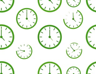 Repeating pattern of green clocks on a stark white background