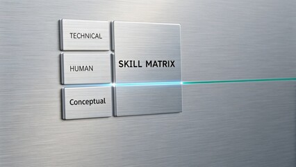 Skill Matrix Display with Technical, Human, and Conceptual Categories on Brushed Metal Background for Professional Use
