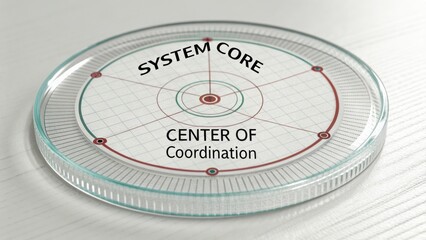 Transparent circular diagram showcasing system core with center of coordination, featuring intricate geometric design and grid layout