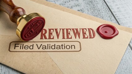 Reviewed Stamp on Envelope with Wax Seal for Document Validation and Confirmation of Process Completion