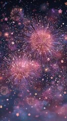 Fototapeta premium Colorful fireworks bursting in the night sky with sparkling stars, festive celebration, vibrant glowing display, magical atmosphere, dynamic illumination, festive and energetic composition.