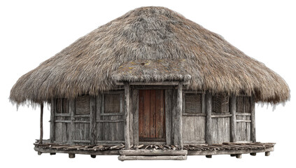 Rustic thatched-roof dwelling on stilts, aged wood, weathered texture