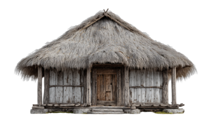 Rustic hut with thatched roof, wooden walls, and a weathered door