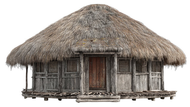 Rustic thatched-roof dwelling on stilts, aged wood, weathered texture