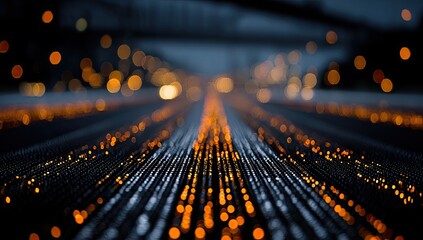 Abstract, glowing data streams receding into a blurred, dark, futuristic background