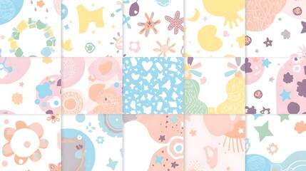 A charming collection of gentle pastel patterns, evoking a serene and imaginative dreamscape perfect for crafting delightful designs and soft visual storytelling for various creative projects