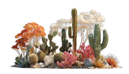 Vibrant desert flora with diverse cacti and coral-like plants