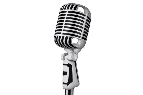 Vintage silver microphone with classic design for broadcasting, recording, audio and music, isolated on transparent background
