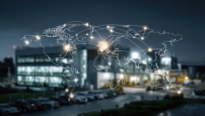 Global network overlayed on a modern corporate building at night