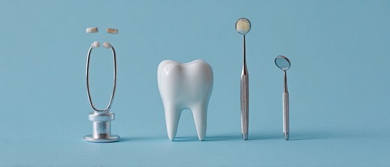 A white tooth stands between a stethoscope and dental instruments on blue