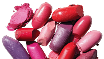 A jumbled pile of various shades of broken lipstick pieces