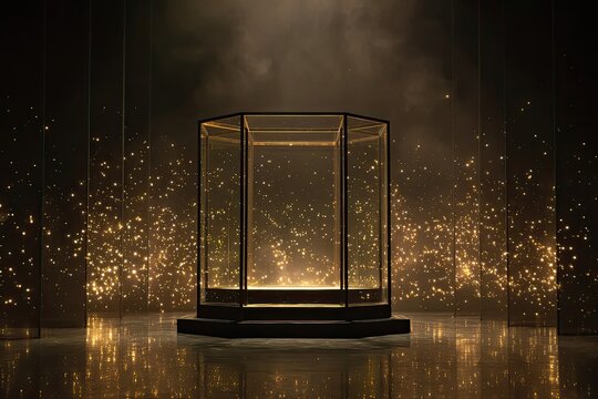 A glass display case illuminated by golden particles, creating a magical ambiance