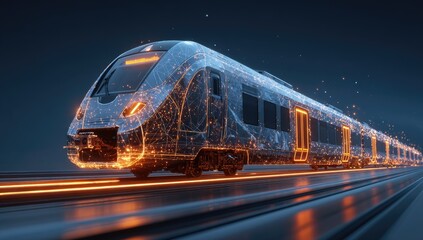 Futuristic glowing digital train concept on illuminated tracks