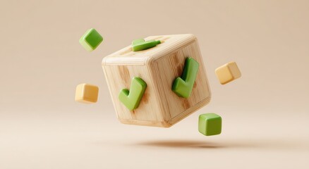 Wooden cube with green checkmarks and floating cubes on beige background