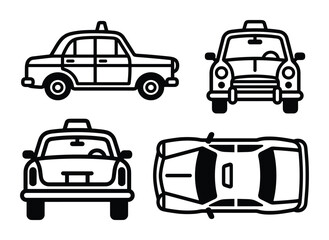 Obraz premium Taxi car icon vector illustration shown from the side, front, top, and back views.