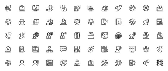 Tech support icon set. Vector illustration. Includes symbols for laptop, smartphone, chat, email, phone call, help desk, FAQ, server and more. Editable stroke.