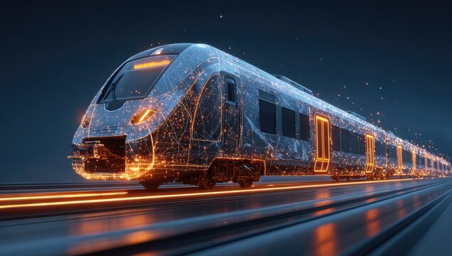 Futuristic glowing digital train concept on illuminated tracks
