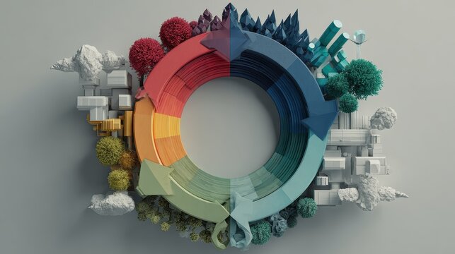 Circular economy front view resource loop 3D render Triadic Color Scheme flat design.