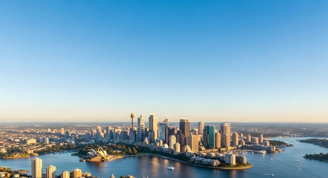 Panoramic view of Sydney CBD skyline and Opera House at sunset w