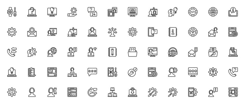 Tech support icon set. Vector illustration. Includes symbols for laptop, smartphone, chat, email, phone call, help desk, FAQ, server and more. Editable stroke. - Powered by Adobe