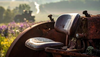 Rusty tractor seat in a wildflower meadow under sunlight, with a distant vehicle on a rural path