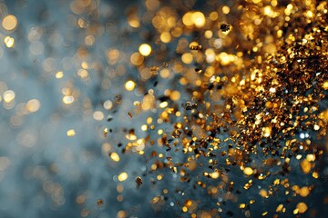 Abstract sparkling gold particles suspended against a dark, softly blurred background