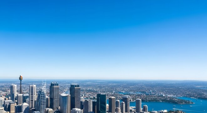 Panoramic view of Sydney CBD skyline and skyscrapers under a cle