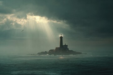 Fototapeta premium Isolated lighthouse on rocky island under dramatic, sunlit clouds
