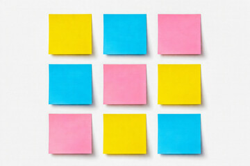 Horizontal photo of colorful sticky notes arranged in a clean grid on white background, bright playful mood with strong contrast, ideal for brainstorming, planning, reminders, productivity concepts