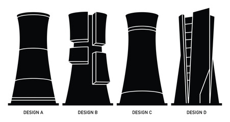 Various nuclear cooling tower silhouettes. Four distinct design options shown in black and white.
