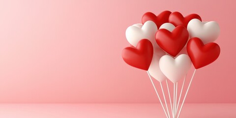  vibrant arrangement of red and white heart-shaped balloons against a soft pink background, creating a festive and romantic atmosphere.