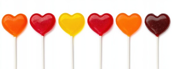 Colorful heart-shaped lollipops arranged in a row, showcasing a sweet and playful aesthetic ideal for celebrations or gifts.