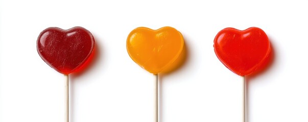 Colorful heart-shaped lollipops on sticks, featuring red, yellow, and orange hues, perfect for sweet treats or festive occasions.