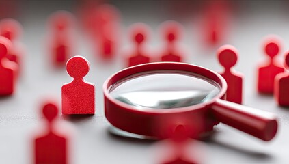 Magnifying glass over red figures, representing search and selection