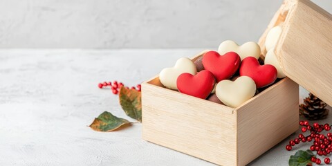  wooden box filled with heart-shaped chocolates, featuring red and white colors, surrounded by decorative elements like berries and leaves.
