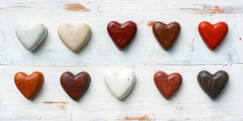 Colorful heart-shaped chocolates arranged on a rustic wooden background, creating a visually appealing and romantic display.