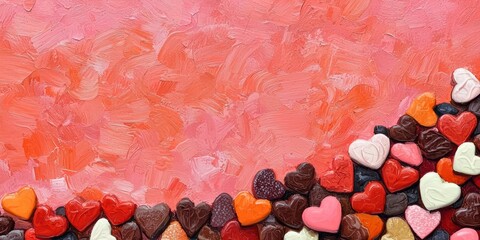 colorful arrangement of heart-shaped chocolates on a textured pink background, evoking feelings of love and sweetness.