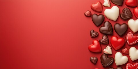 vibrant arrangement of heart-shaped chocolates in red, white, and brown, set against a smooth red background.