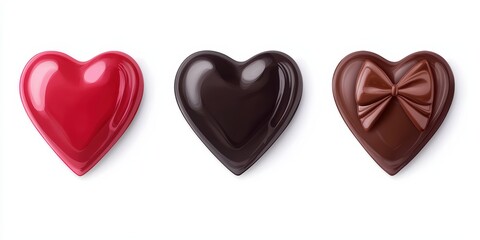 Three heart-shaped chocolates in red and various shades of brown, symbolizing love and sweetness.