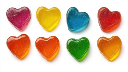 Colorful heart-shaped gummy candies arranged in a row, showcasing a variety of vibrant colors and inviting textures.