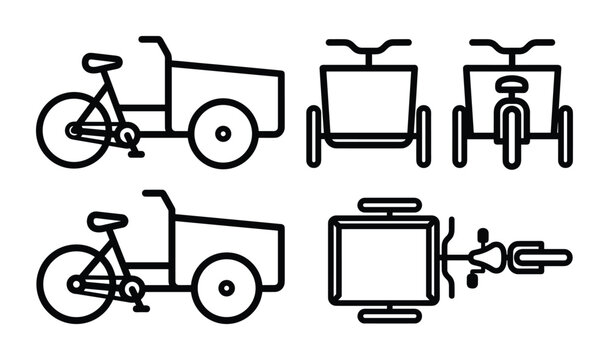 Vector line art illustration set of a cargo bike or delivery bike with different perspectives.