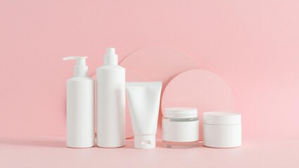 Collection of white skincare bottles and tubes arranged on a pink background