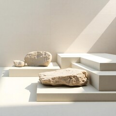 Natural stone pedestals with geometric shadows and soft light