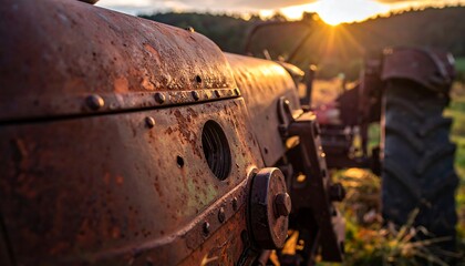 Rust-covered, vintage tractor in field, sundown, light streaks from setting sun, soft focus, vintage feel, warm colors