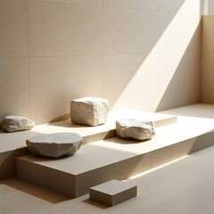 Minimalist scene with natural stone pedestals and dramatic light and shadow