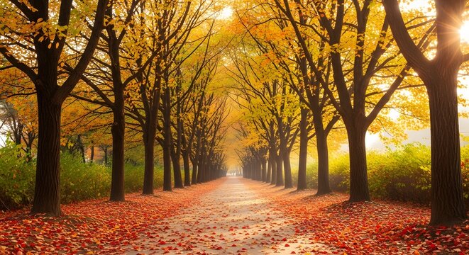 Scenic Autumn Path Lined with Golden Trees on Nami Island, South