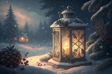 Cozy winter scene with lantern, pinecone, and snowflakes falling gently