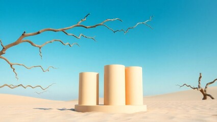 Minimalist desert landscape with abstract pedestal and dead trees