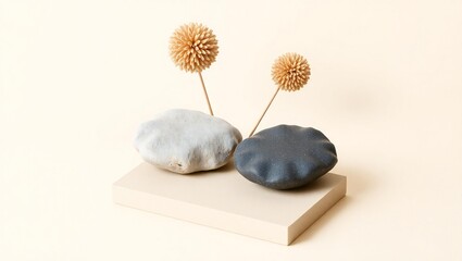 Two textured natural stones with dried flowers on a neutral background